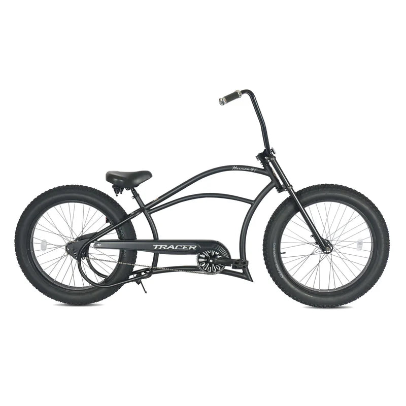 Tracer Bikes | Tracer Harman GT 26" Chopper Cruiser Bike – 26" Fat Tire Stretch Frame, Single Speed, Hi-Ten Steel, Black Matte & Black | Chico USA, Inc.