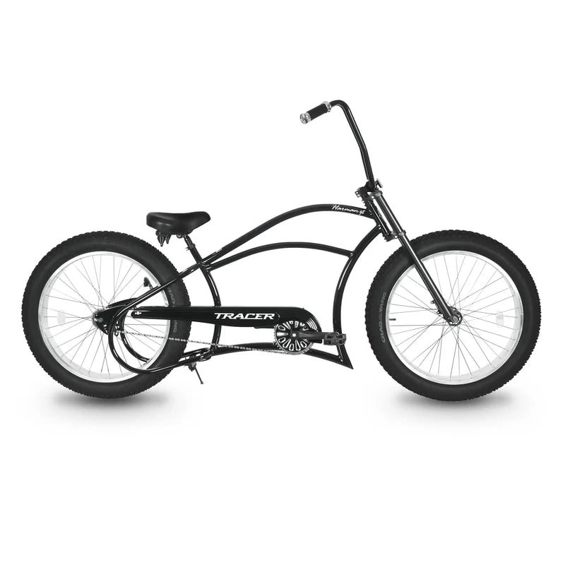 Tracer Bikes | Tracer Harman GT 26" Chopper Cruiser Bike – 26" Fat Tire Stretch Frame, Single Speed, Hi-Ten Steel, Black Matte & Black | Chico USA, Inc.