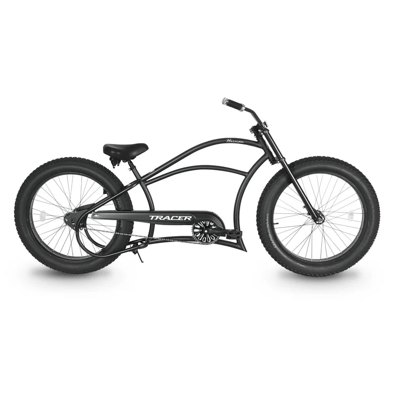 Tracer Bikes | Tracer Harman GT 26" Chopper Cruiser Bike – 26" Fat Tire Stretch Frame, Single Speed, Hi-Ten Steel, Black Matte & Black | Chico USA, Inc.