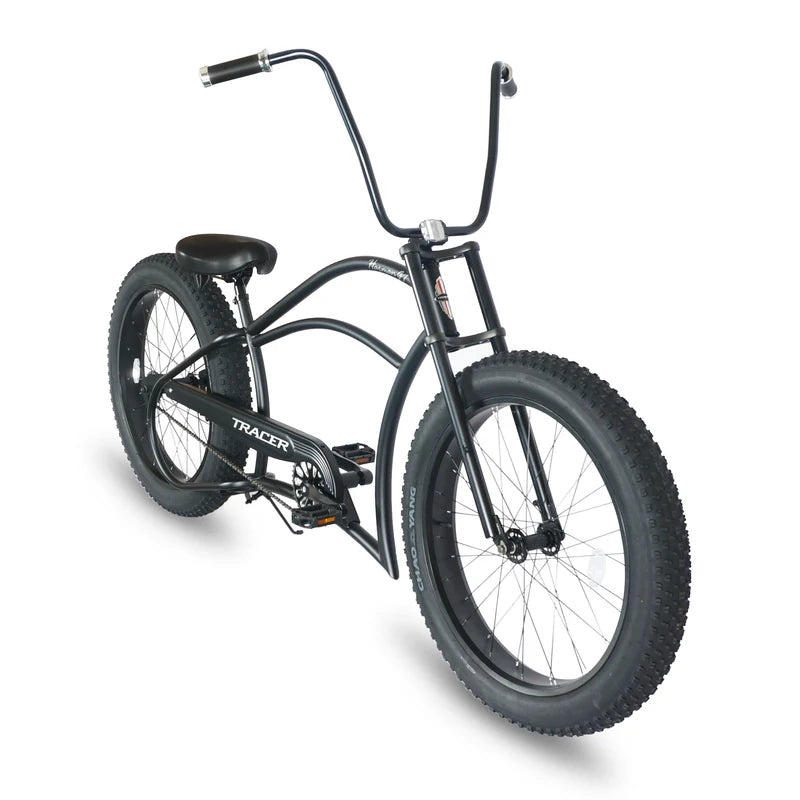 Tracer Bikes | Tracer Harman GT 26" Chopper Cruiser Bike – 26" Fat Tire Stretch Frame, Single Speed, Hi-Ten Steel, Black Matte & Black | Chico USA, Inc.