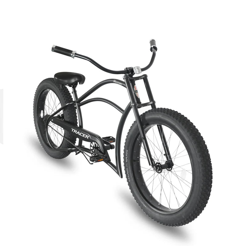 Tracer Bikes | Tracer Harman GT 26" Chopper Cruiser Bike – 26" Fat Tire Stretch Frame, Single Speed, Hi-Ten Steel, Black Matte & Black | Chico USA, Inc.