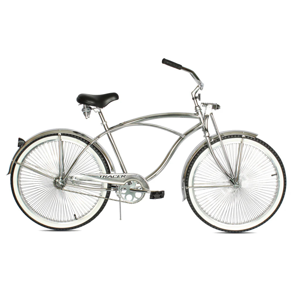 Tracer Bikes | Chrome Tracer Cheetah Vintage Stretch Cruiser Bike with Classic Springer Fork |  Chico USA, Inc.