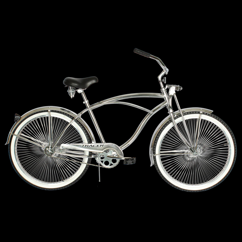 Tracer Bikes | Chrome Tracer Cheetah Vintage Stretch Cruiser Bike with Classic Springer Fork | Chico USA, Inc.