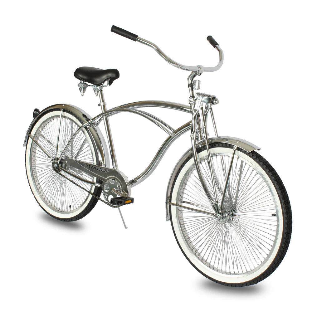Tracer Bikes | Chrome Tracer Cheetah Vintage Stretch Cruiser Bike with Classic Springer Fork | Chico USA, Inc.