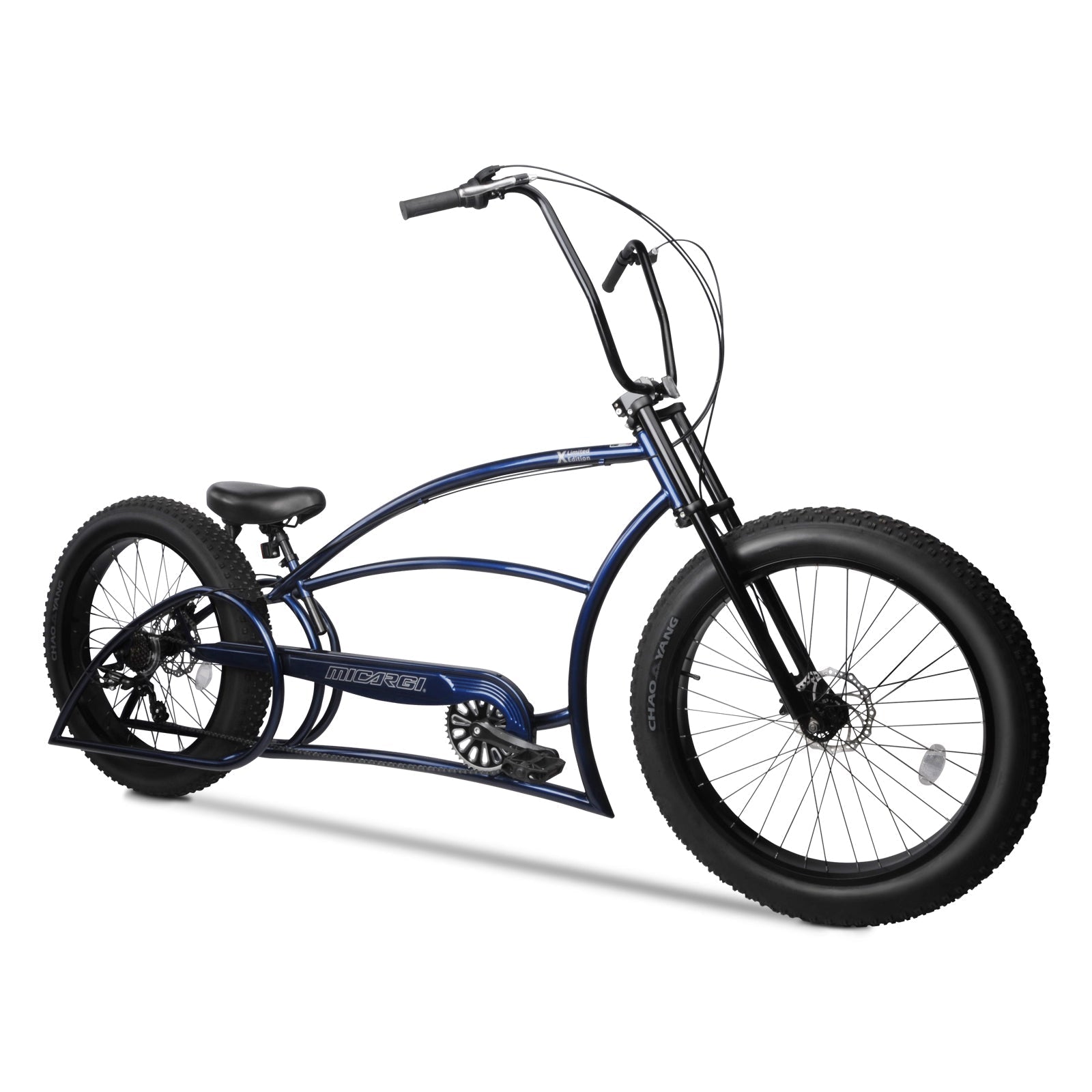 Tracer Bikes | Micargi Bombita XLE 7/GT7 Chopper Cruiser Bike, 26" Stretch Beach Cruiser, 7-Speed | Chico USA, Inc.