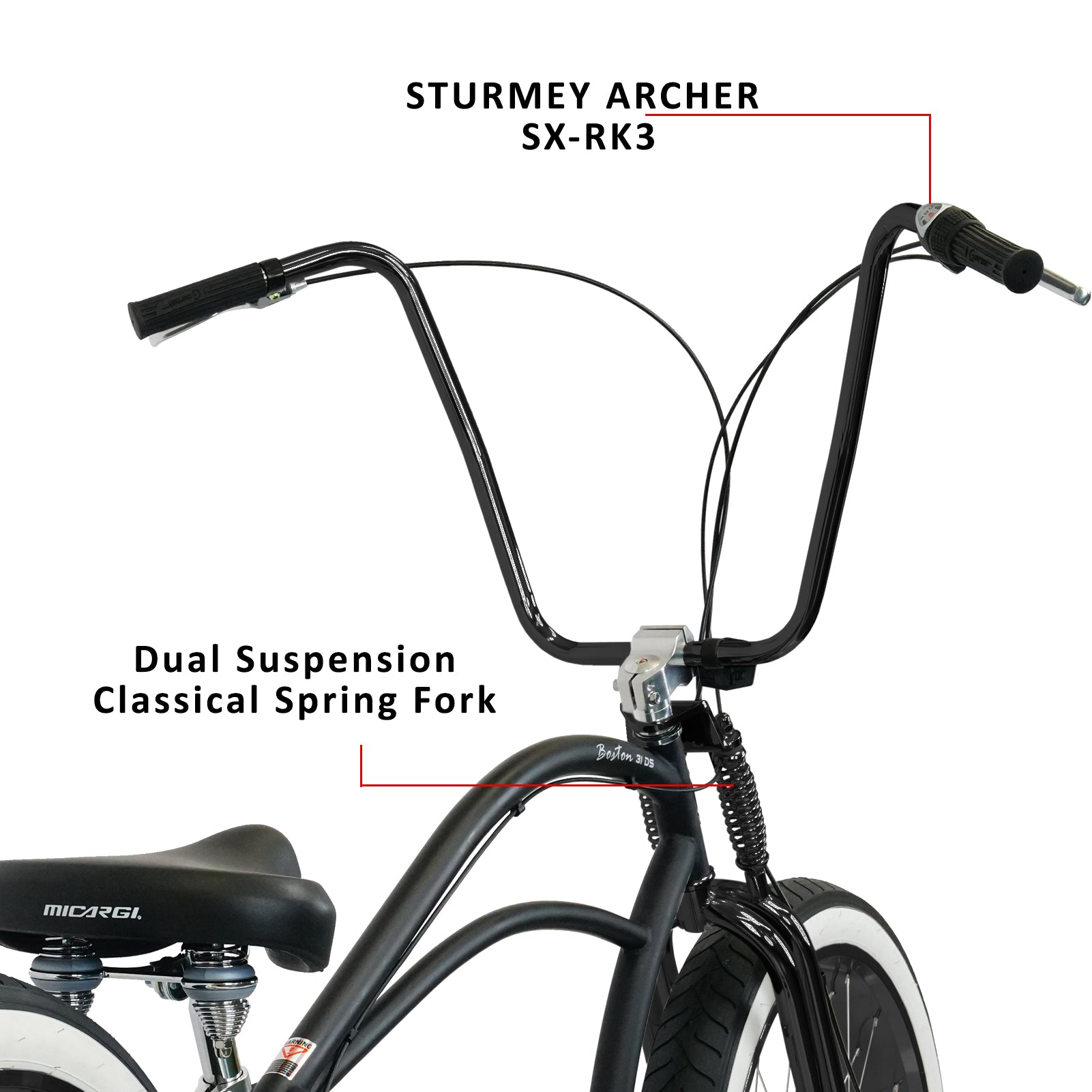 Tracer Bikes | Micargi Boston 3i DS Stretch Cruiser Bicycle, 26" Chopper Frame, 3-Speed Internal Hub | Chico USA, Inc.