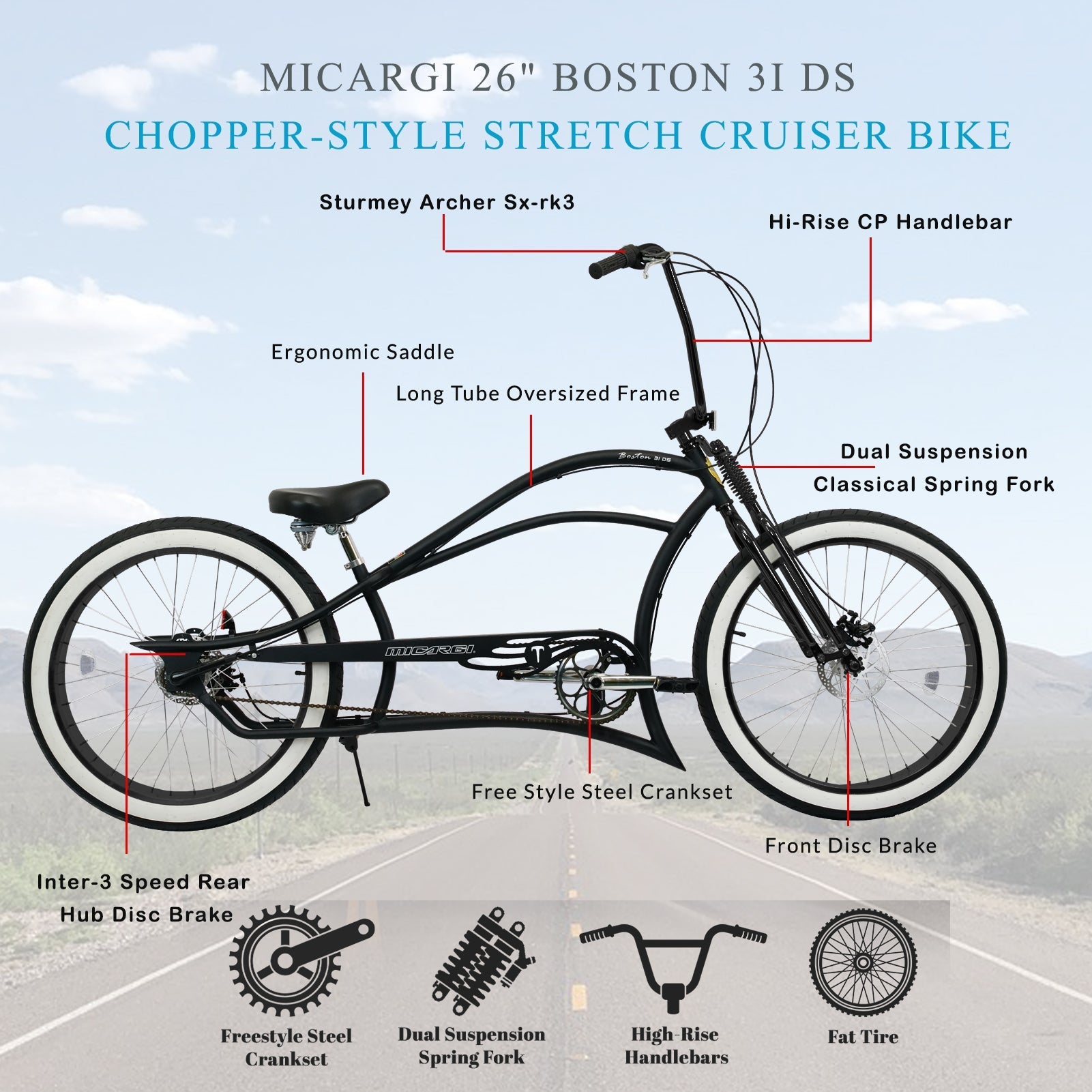 Tracer Bikes | Micargi Boston 3i DS Stretch Cruiser Bicycle, 26" Chopper Frame, 3-Speed Internal Hub | Chico USA, Inc.