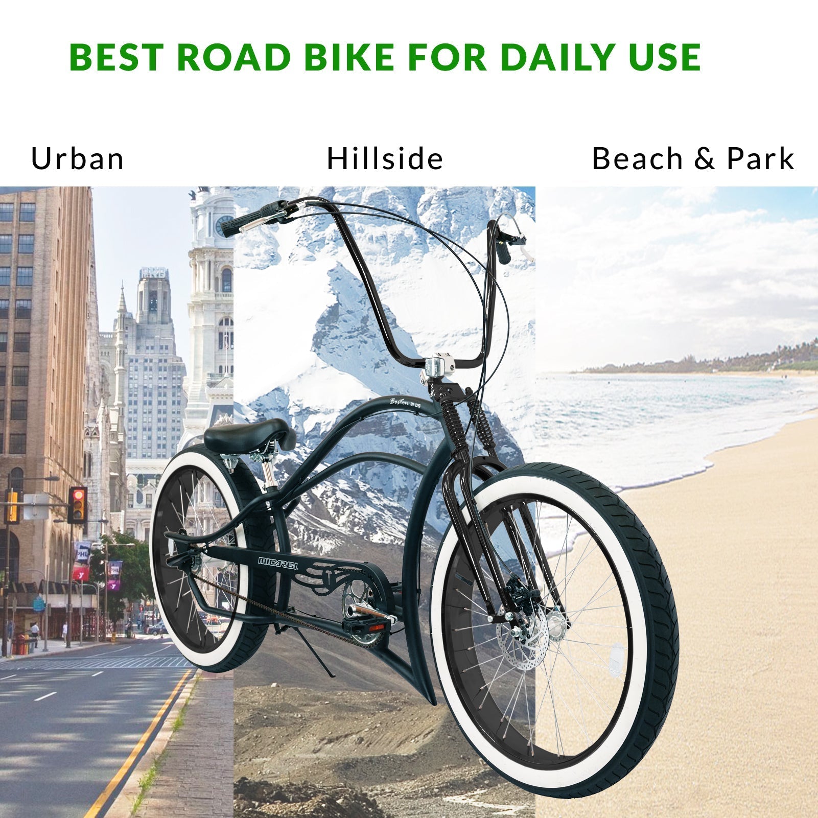 Tracer Bikes | Micargi Boston 3i DS Stretch Cruiser Bicycle, 26" Chopper Frame, 3-Speed Internal Hub | Chico USA, Inc.