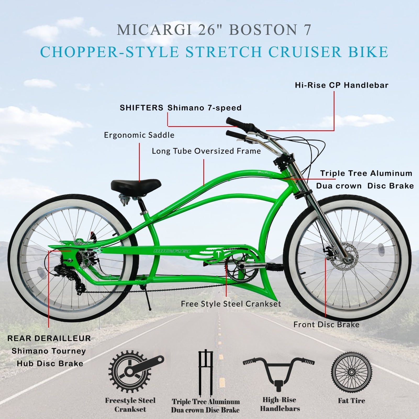 Tracer Bikes | Micargi Boston 7 Stretch Beach Cruiser Bike, 7-Speed, 26" Steel Frame | Chico USA, Inc.
