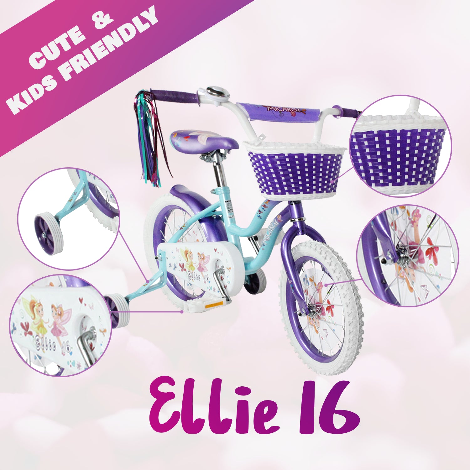 Tracer Bikes | Micargi Ellie Kids Bike, Boys and Girls Freestyle Bicycle, 16" with Training Wheels, 20" with Kickstand |  Chico USA, Inc.