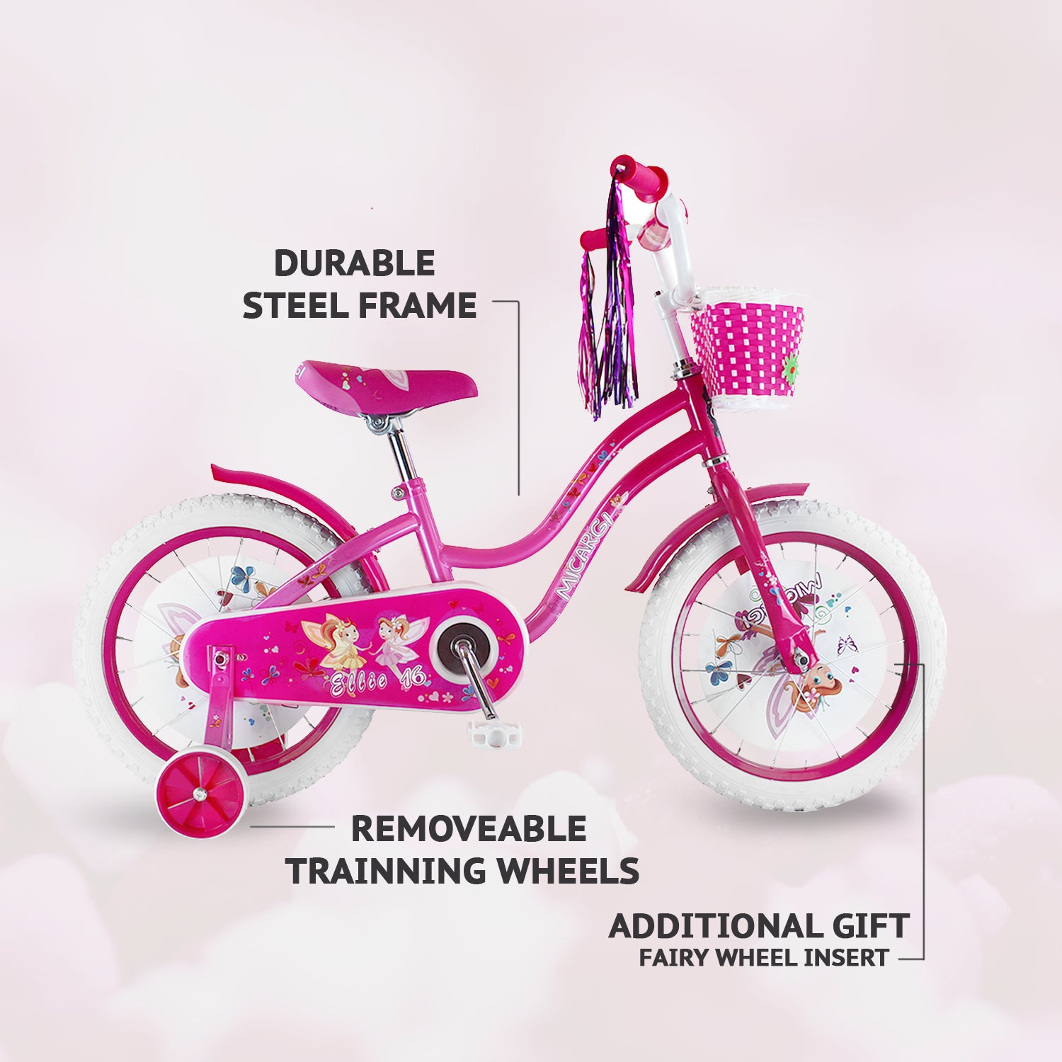 Tracer Bikes | Micargi Ellie Kids Bike, Boys and Girls Freestyle Bicycle, 16" with Training Wheels, 20" with Kickstand |  Chico USA, Inc.