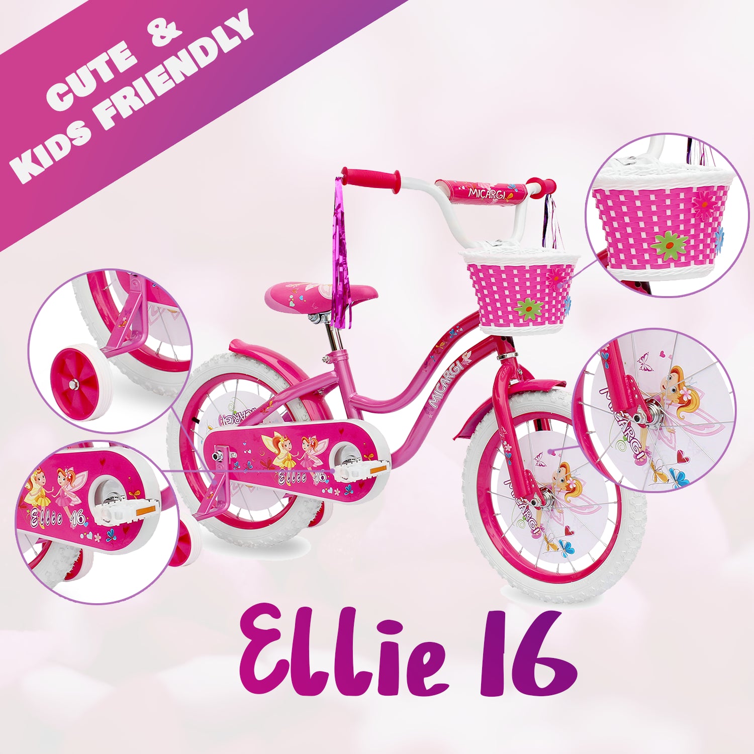 Tracer Bikes | Micargi Ellie Kids Bike, Boys and Girls Freestyle Bicycle, 16" with Training Wheels, 20" with Kickstand |  Chico USA, Inc.