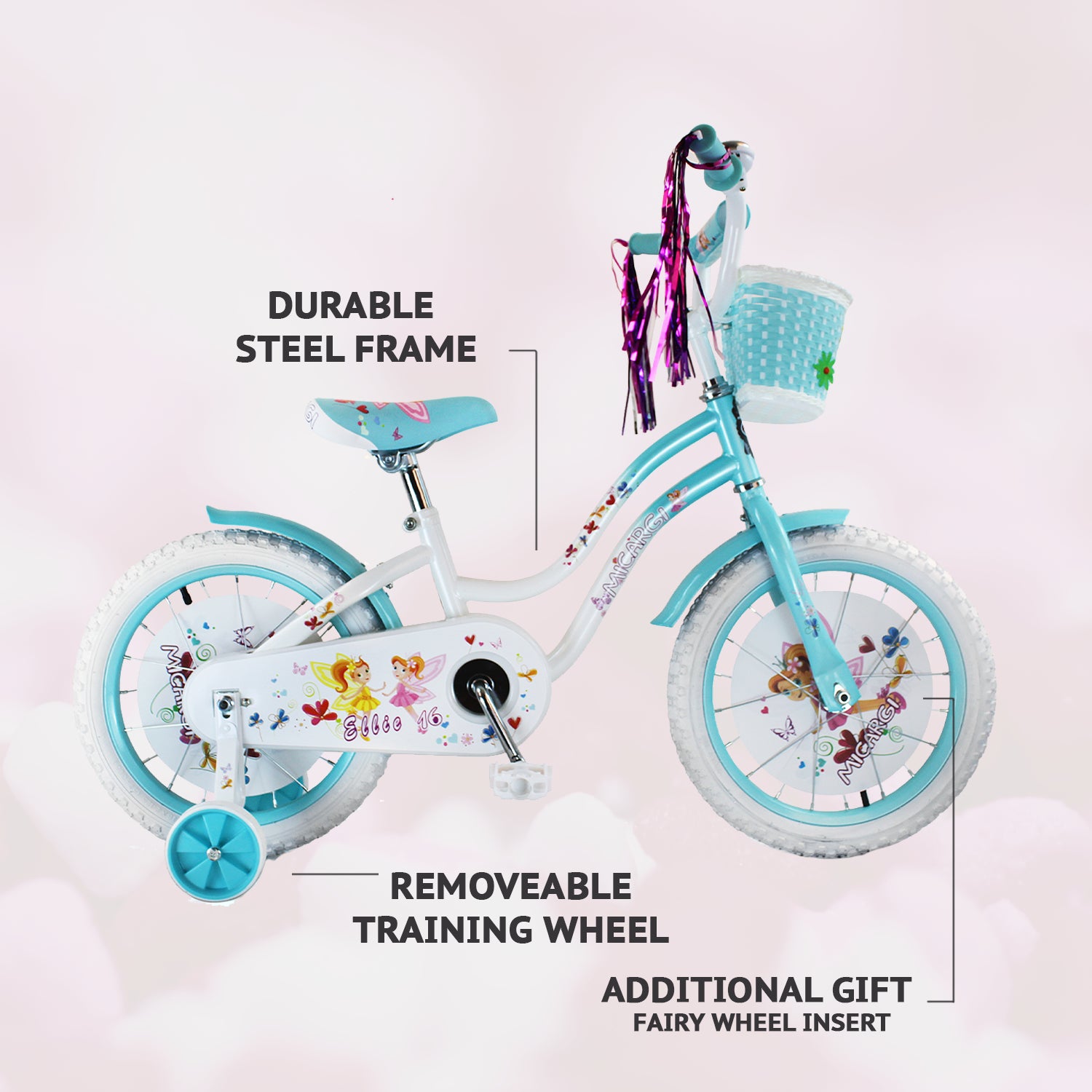 Tracer Bikes | Micargi Ellie Kids Bike, Boys and Girls Freestyle Bicycle, 16" with Training Wheels, 20" with Kickstand |  Chico USA, Inc.