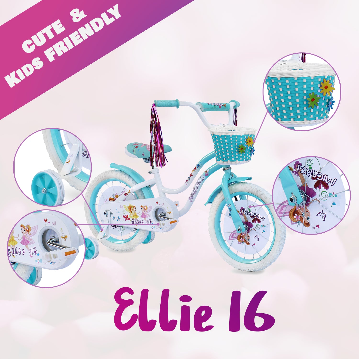 Tracer Bikes | Micargi Ellie Kids Bike, Boys and Girls Freestyle Bicycle, 16" with Training Wheels, 20" with Kickstand |  Chico USA, Inc.