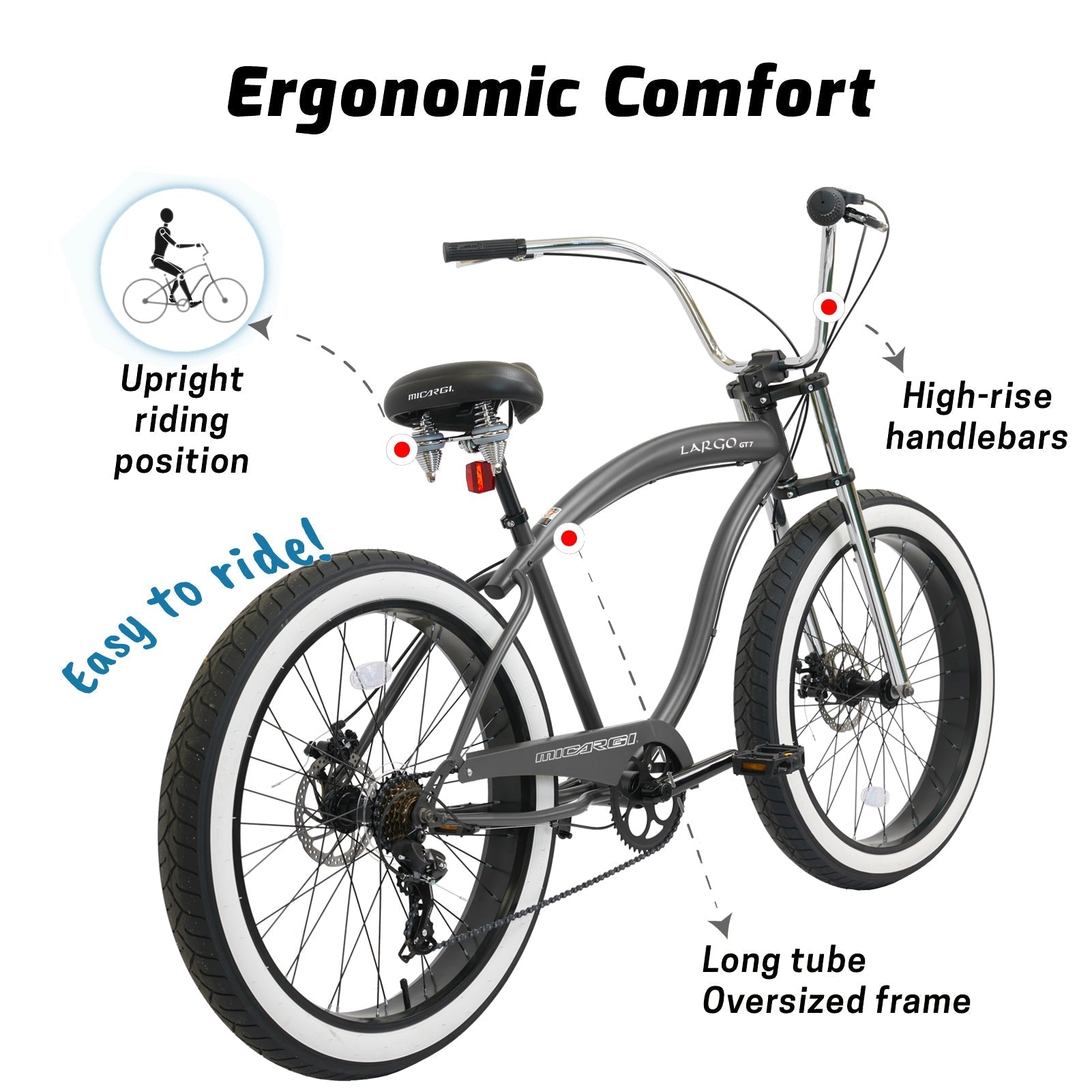 Tracer Bikes | Micargi Largo GT7 26" Beach Cruiser Bike, 7-Speed |  Chico USA, Inc.