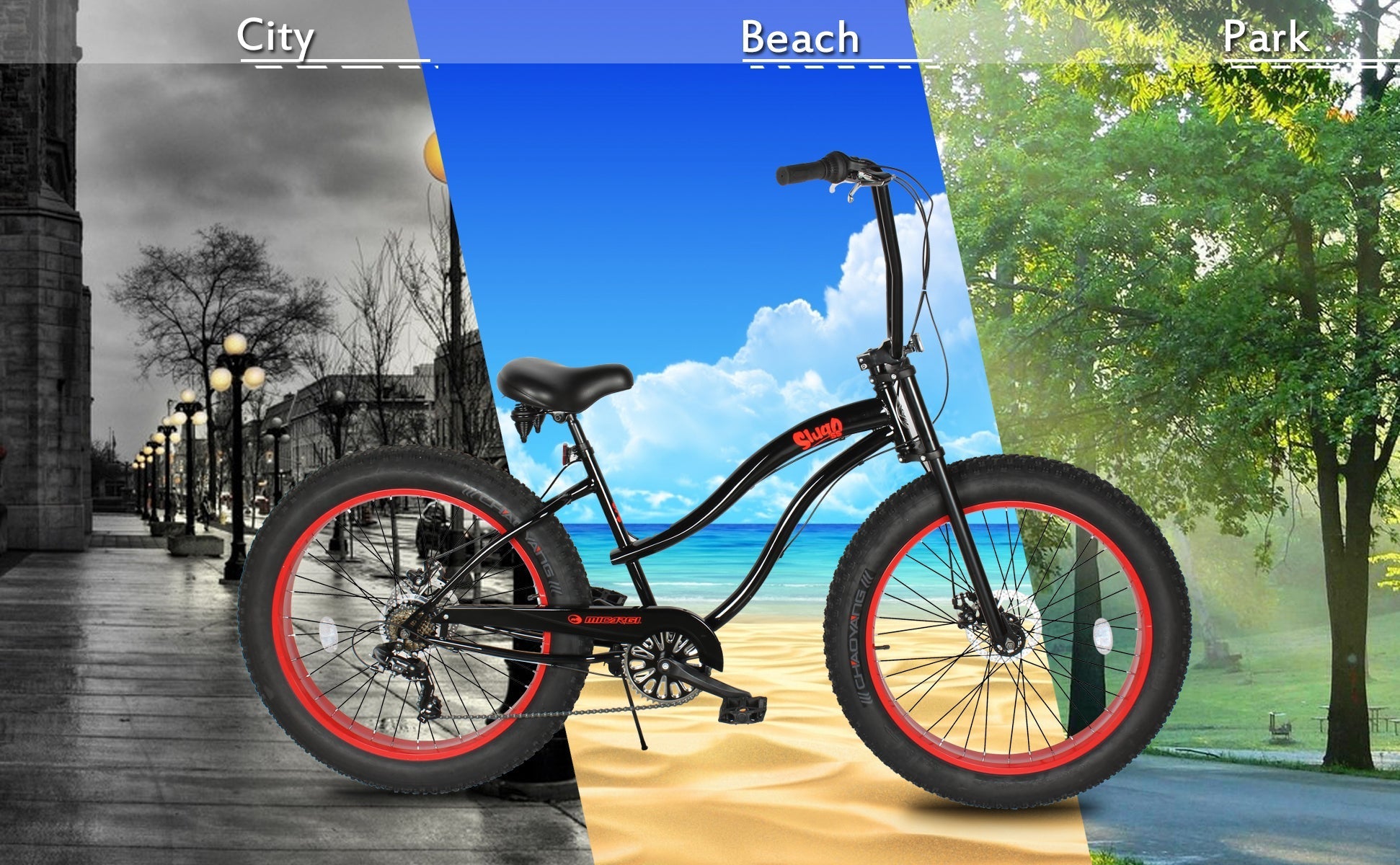 Tracer Bikes | Micargi Slugo SS 26" Beach Cruiser Bike with Shimano 7-Speed Disc Brakes and FAT Tires |  Chico USA, Inc.