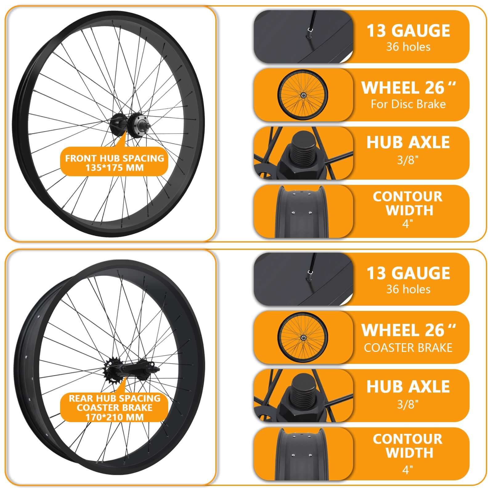 Tracer Bikes | Micargi WH-T952636C 26"x3" Alloy Fat Rims Wheel Set for 29"x4" Fat Tire, Single Speed | Chico USA, Inc.