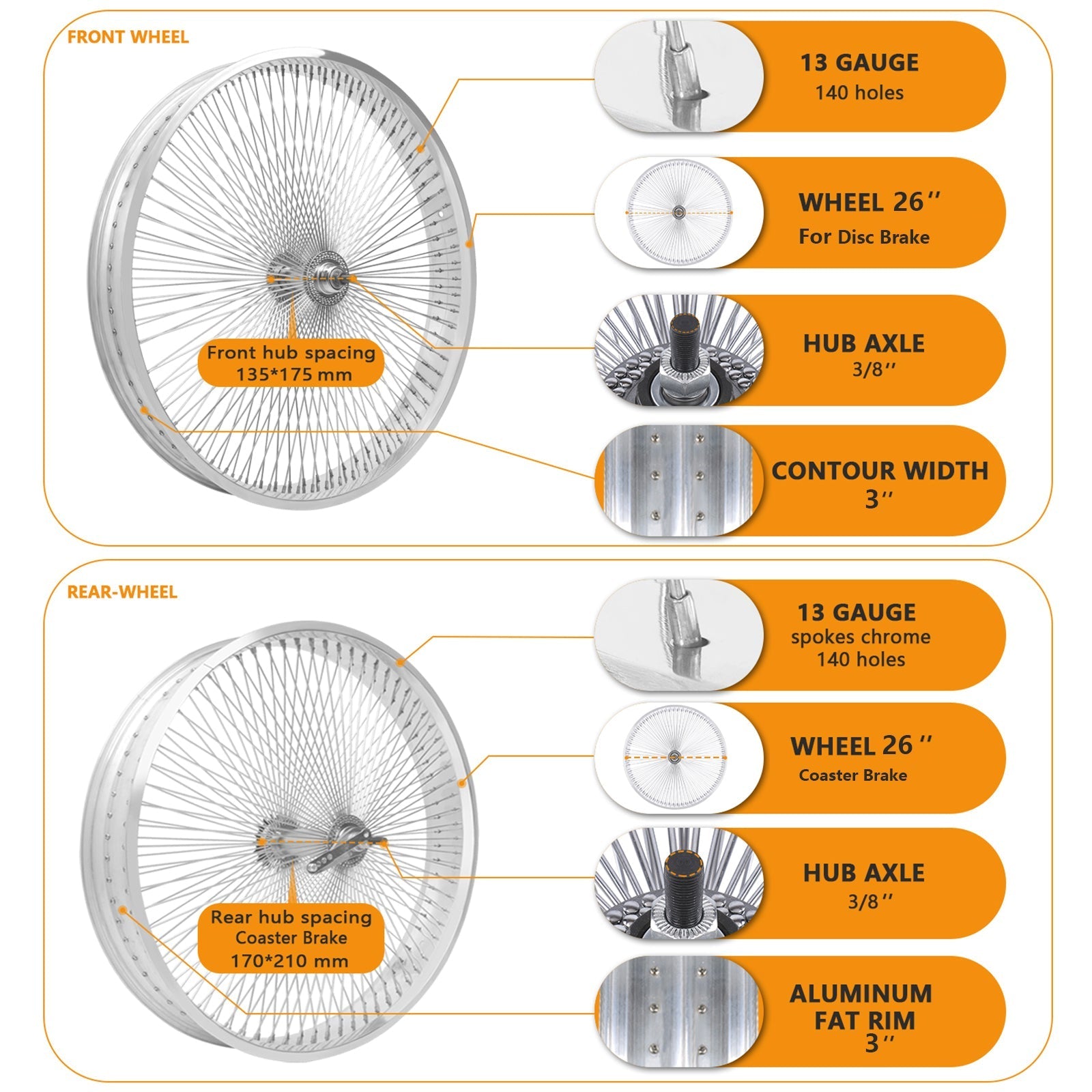 Tracer Bikes | Micargi WH-TR7526140 26"x3" Aluminum Polish Fat Rims Wheel Set with KT Coaster Brake or Disc Brake |  Chico USA, Inc.