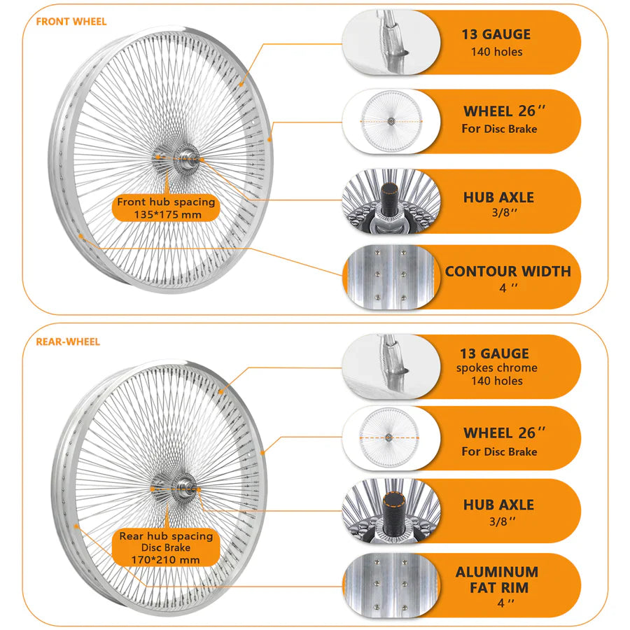 Tracer Bikes | Micargi WH-TR9526140 26"X4" Aluminum Polish Fat Rims Wheel Set with KT Coaster Brake or Disc Brake | Chico USA, Inc.
