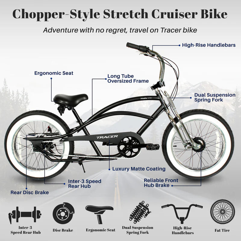 Tracer Bikes | Tracer Master 3i 20'' Internal 3-Speed Chopper Style Cruiser Bike with Fat Tires | Chico USA, Inc.