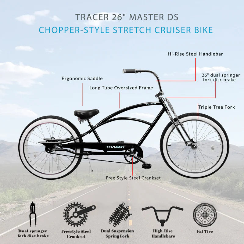 Tracer Bikes | Tracer Master DS 26" Dual Springer Chopper Stretch Beach Cruiser Bike with Fat Tires | Chico USA, Inc.