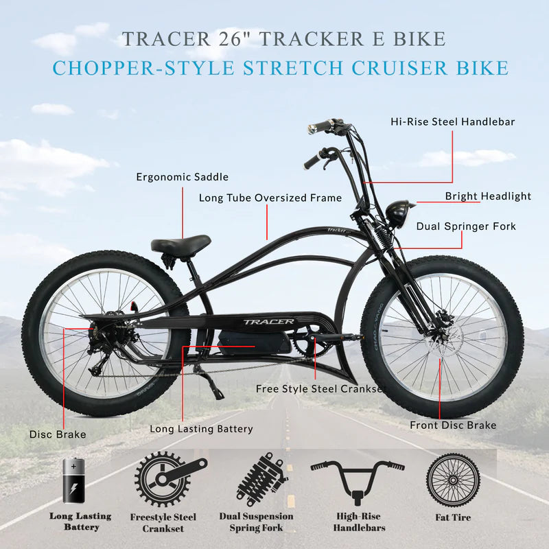 Tracer Bikes | Tracer Tracker DS7 26" 7 Speed Stretch E-Bike with Classic Dual Springer Fork, Disc Brakes, and Shimano Components | Chico USA, Inc.