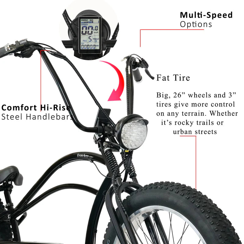 Tracer Bikes | Tracer Tracker DS7 26" 7 Speed Stretch E-Bike with Classic Dual Springer Fork, Disc Brakes, and Shimano Components | Chico USA, Inc.