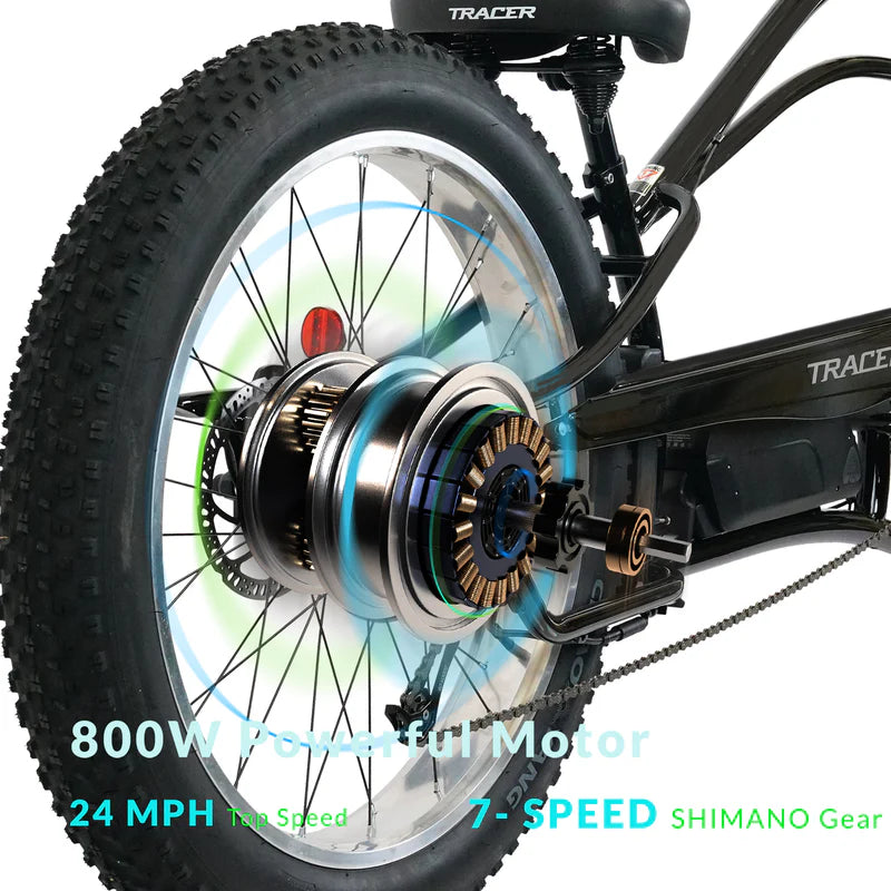 Tracer Bikes | Tracer Tracker DS7 26" 7 Speed Stretch E-Bike with Classic Dual Springer Fork, Disc Brakes, and Shimano Components | Chico USA, Inc.