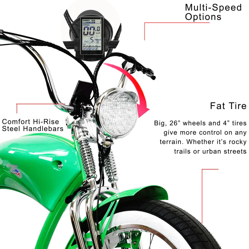 Tracer Bikes | Tracer Twenty5 DS 500W 26" Dual Springer Cruiser E-Bike with Shimano 7-Speed, Disc Brakes | Chico USA, Inc.