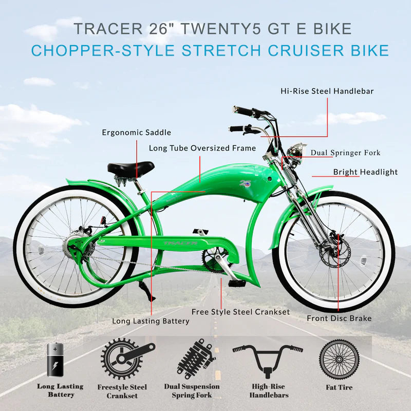 Tracer Bikes | Tracer Twenty5 DS 500W 26" Dual Springer Cruiser E-Bike with Shimano 7-Speed, Disc Brakes | Chico USA, Inc.