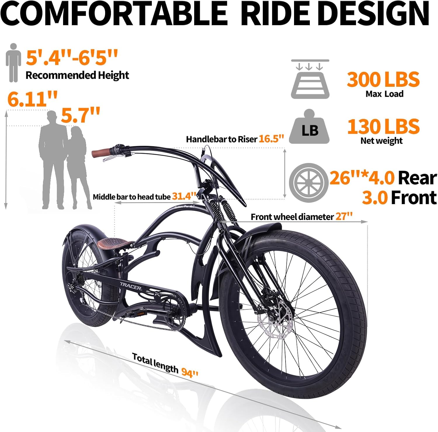 Tracer Raider Pro DS 26" 7-Speed Chopper Style Stretch Cruiser Bike - Chico USA, Inc.