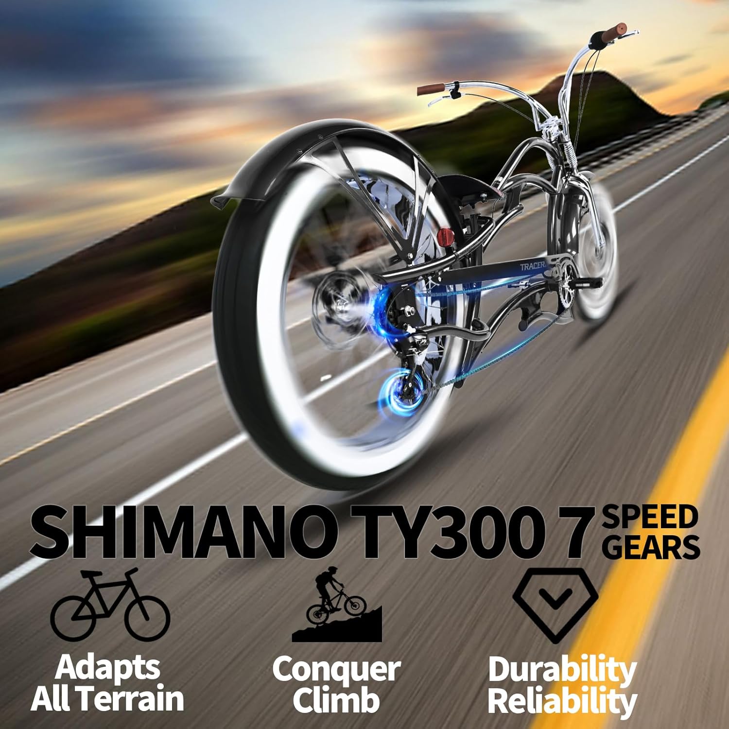 Tracer Raider Pro DS 26" 7-Speed Chopper Style Stretch Cruiser Bike - Chico USA, Inc.