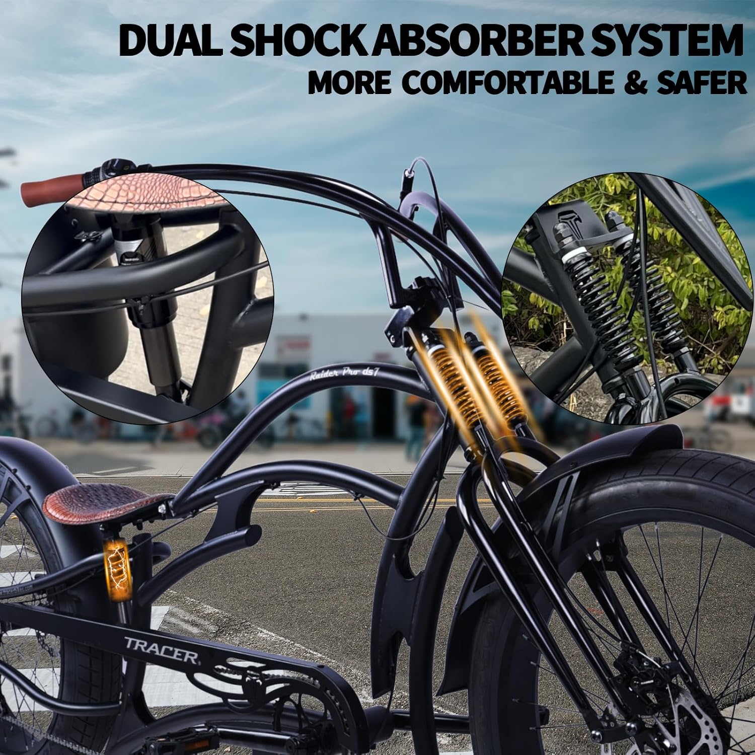 Tracer Raider Pro DS 26" 7-Speed Chopper Style Stretch Cruiser Bike - Chico USA, Inc.