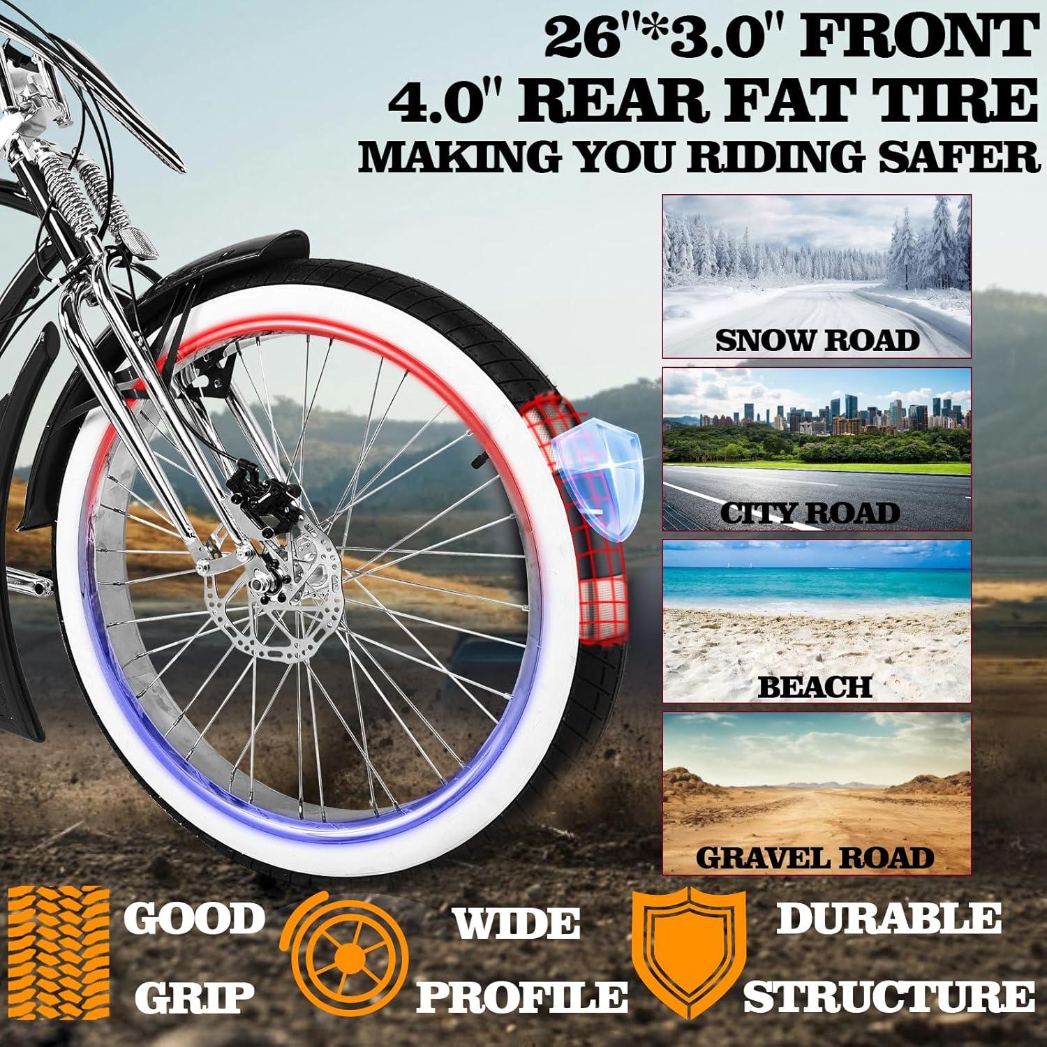 Tracer Raider Pro DS 26" 7-Speed Chopper Style Stretch Cruiser Bike - Chico USA, Inc.