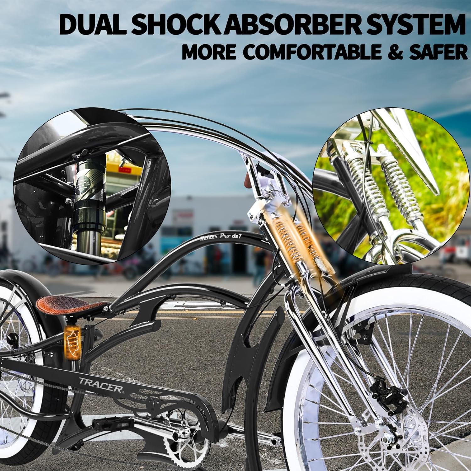 Tracer Raider Pro DS 26" 7-Speed Chopper Style Stretch Cruiser Bike - Chico USA, Inc.