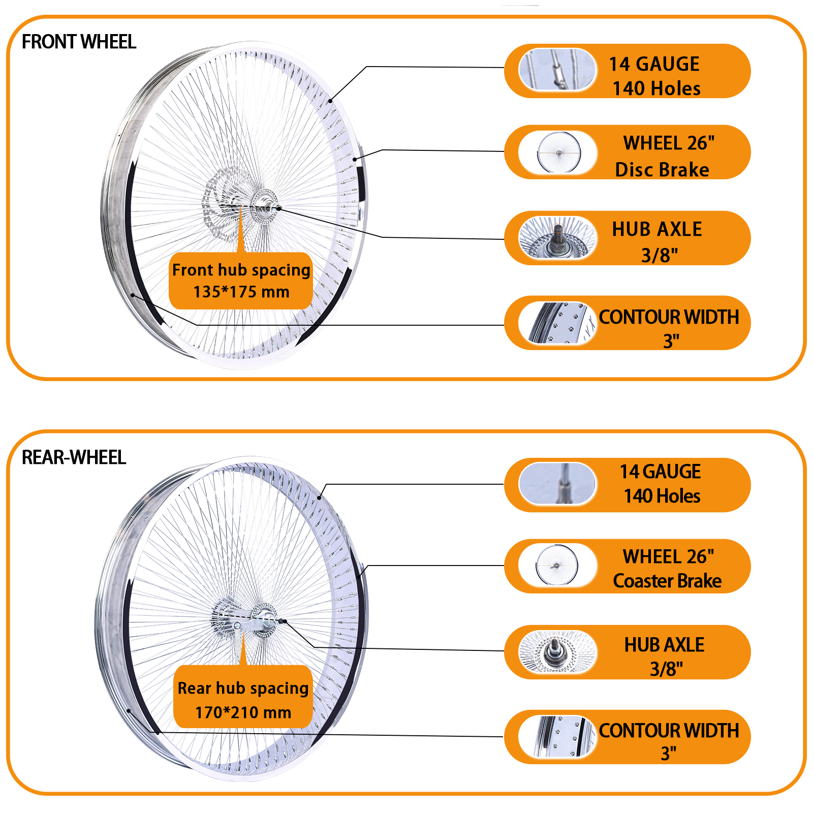 Chico WH-TH7526140C-CP Lowrider 26"*3" Coaster Brake Alloy Chrome Fat Rims Wheel Set - Chico USA, Inc.