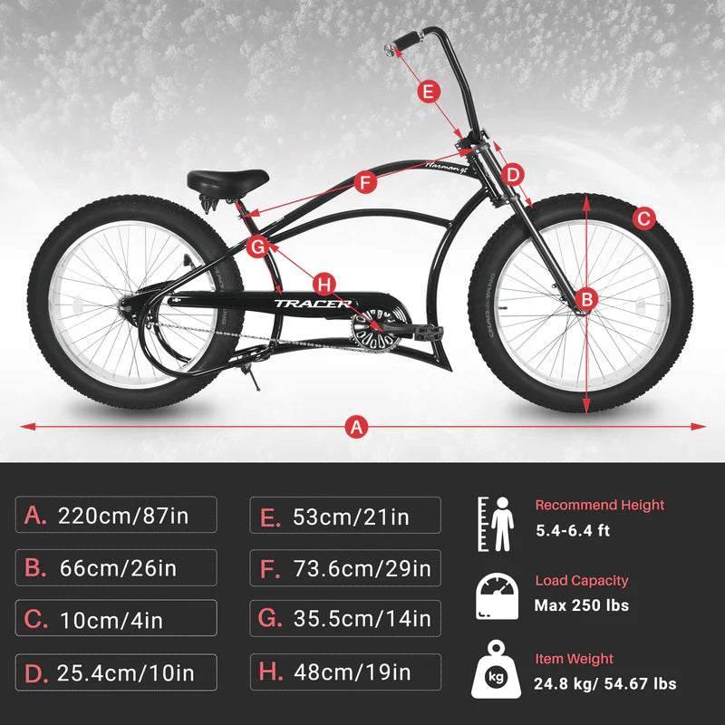 Tracer Bikes | Tracer Harman GT 26" Chopper Cruiser Bike – 26" Fat Tire Stretch Frame, Single Speed, Hi-Ten Steel, Black Matte & Black | Chico USA, Inc.