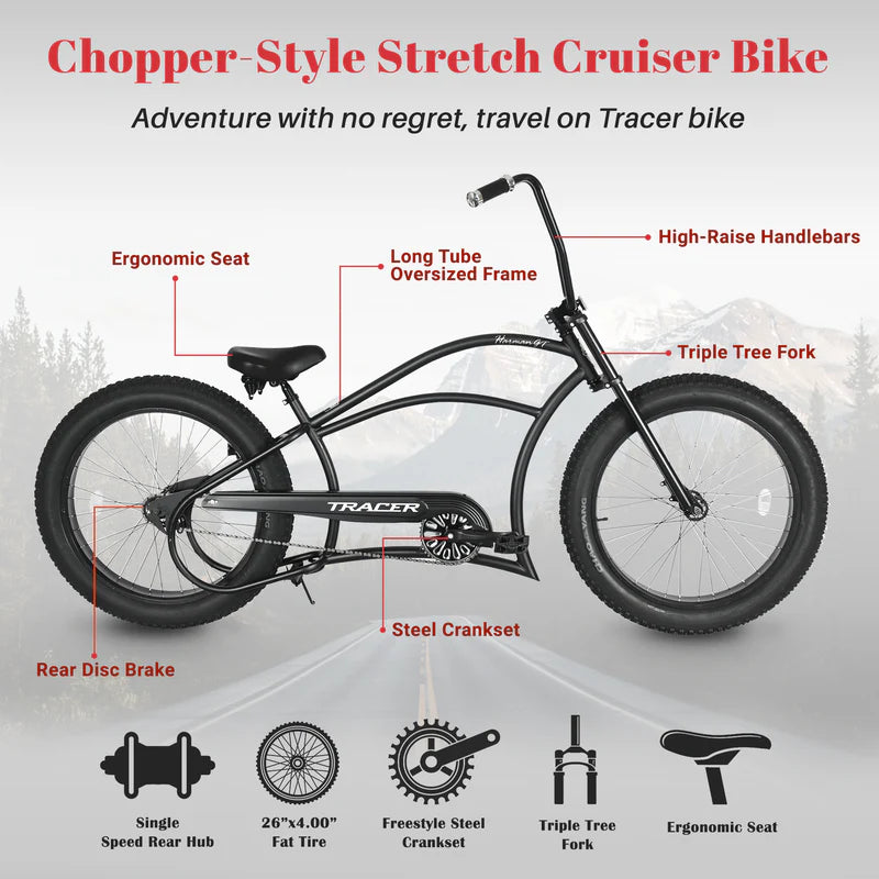 Tracer Harman GT 26" Chopper Cruiser Bike – 26" Fat Tire Stretch Frame, Single Speed, Hi-Ten Steel, Black Matte & Black - Chico USA, Inc.