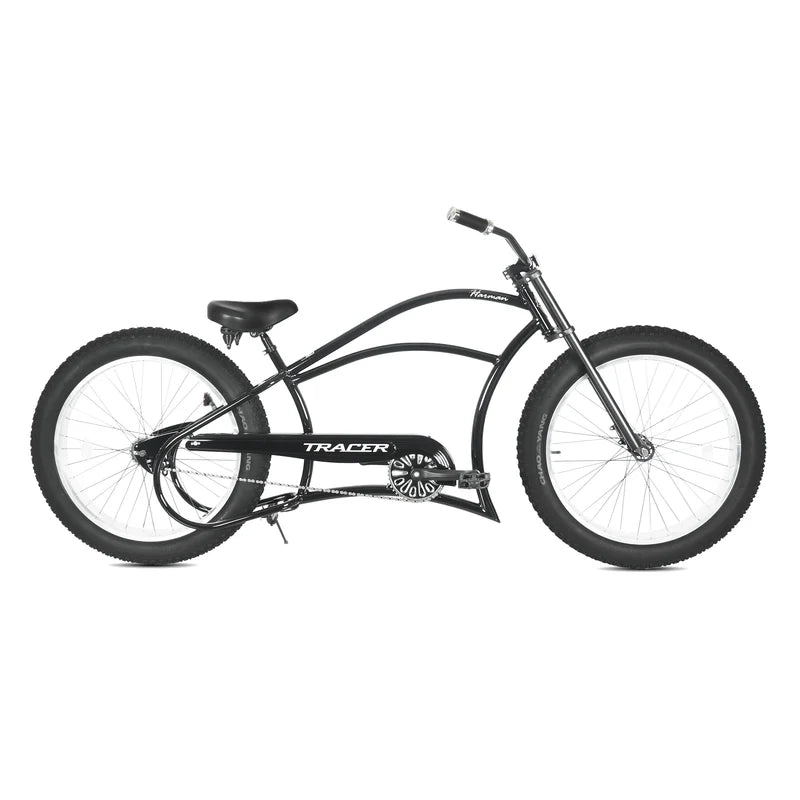 Tracer Bikes | Tracer Harman GT 26" Chopper Cruiser Bike – 26" Fat Tire Stretch Frame, Single Speed, Hi-Ten Steel, Black Matte & Black | Chico USA, Inc.