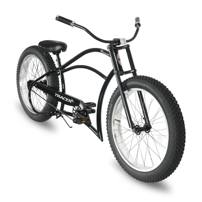 Tracer Bikes | Tracer Harman GT 26" Chopper Cruiser Bike – 26" Fat Tire Stretch Frame, Single Speed, Hi-Ten Steel, Black Matte & Black | Chico USA, Inc.