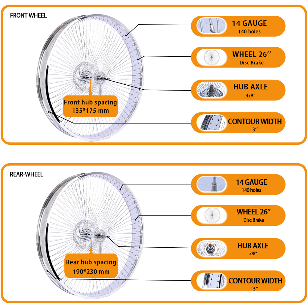 Chico WH-TH7526140D7-CP Chrome Bike 26"*3" Fat Rims Wheel Set with 7-speed Disc Brake - Chico USA, Inc.