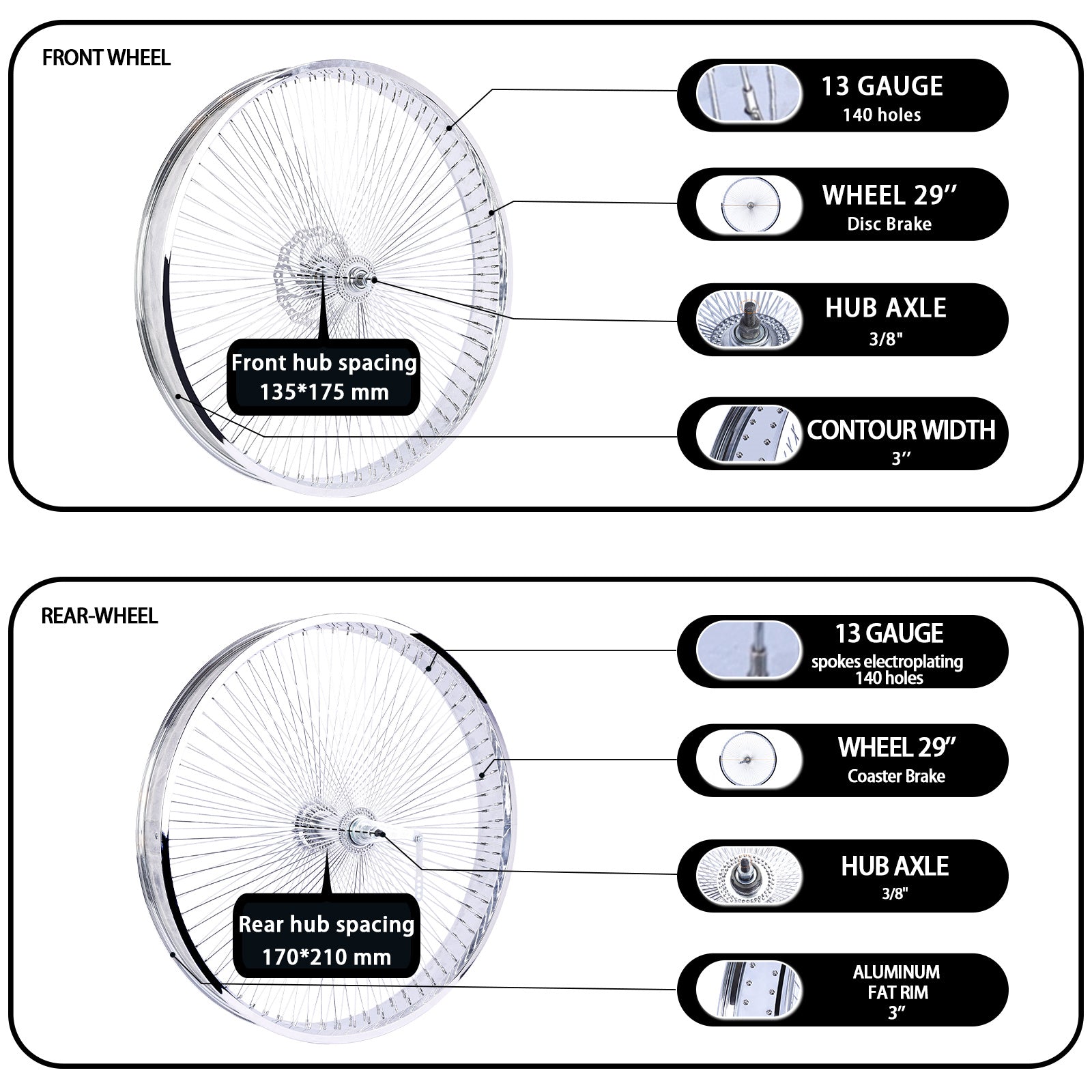 Chico WH-TH7529140C-CP Bicycle Coaster Brake Chrome Alloy Wheel Set for 29in 3in wide - Chico USA, Inc.