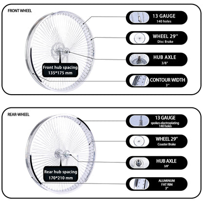 Chico WH-TH7529140C-CP Bicycle Coaster Brake Chrome Alloy Wheel Set for 29in 3in wide