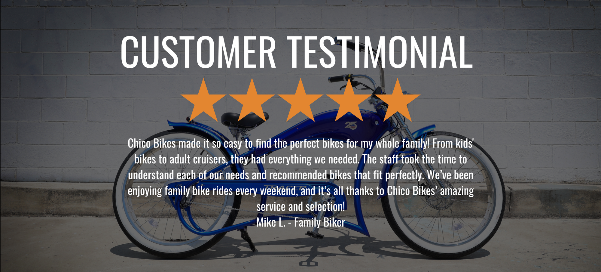 Customer Testimonial - Blue Tracer Cruiser Bike with 5-Star Rating at Chico Bikes