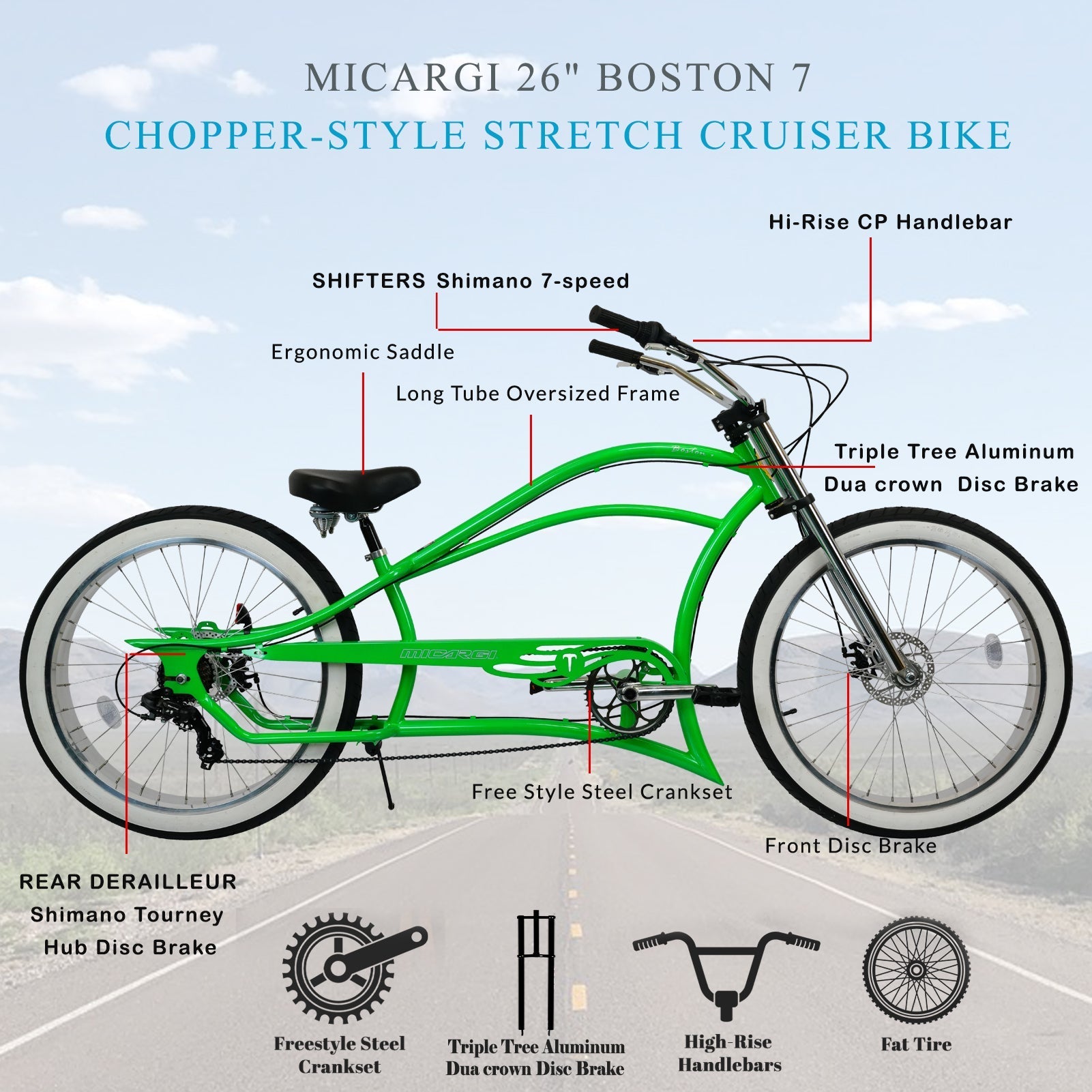 Tracer Bikes | Micargi Boston 7 Stretch Beach Cruiser Bike, 7-Speed, 26" Steel Frame |  Chico USA, Inc. 