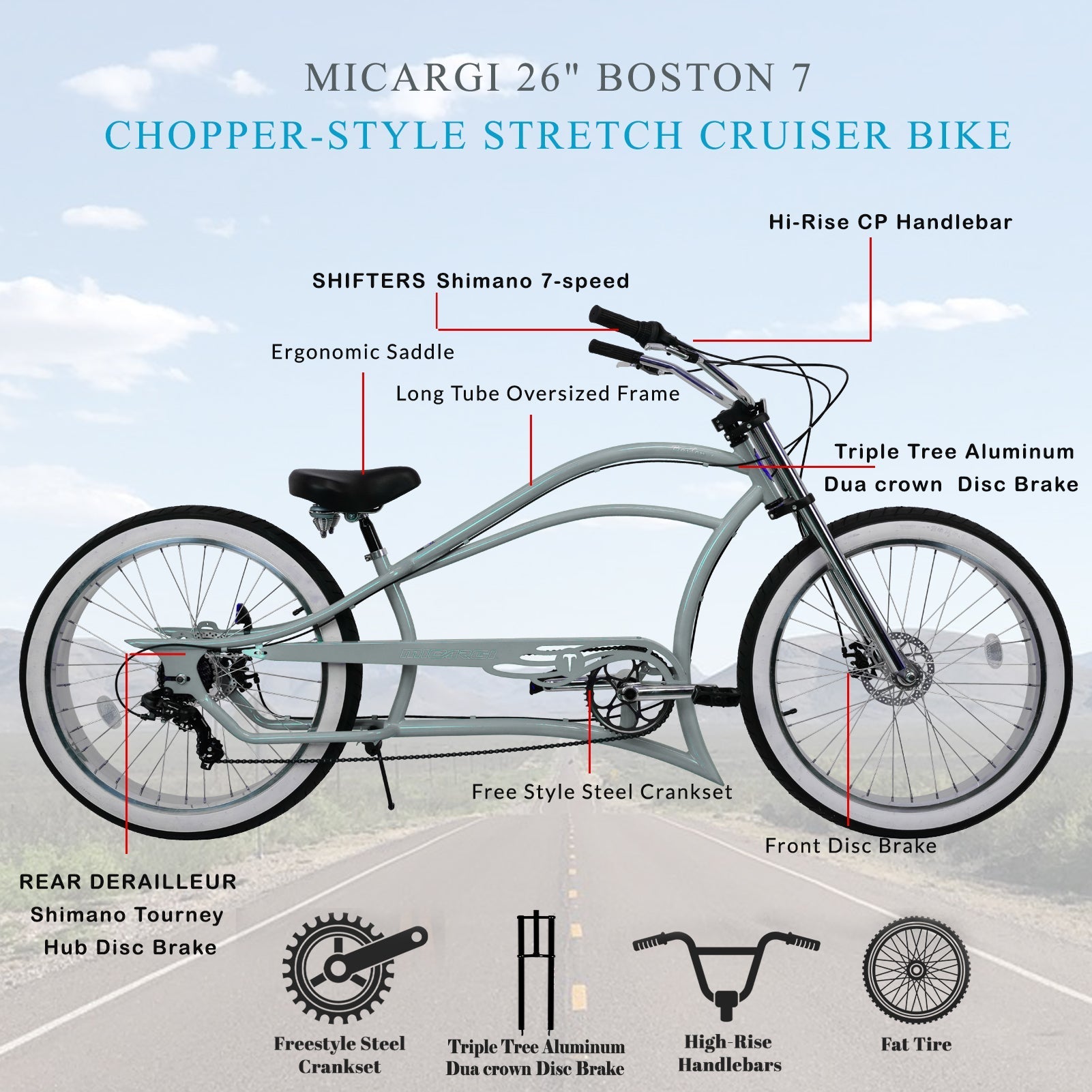 Tracer Bikes | Micargi Boston 7 Stretch Beach Cruiser Bike, 7-Speed, 26" Steel Frame |  Chico USA, Inc. 