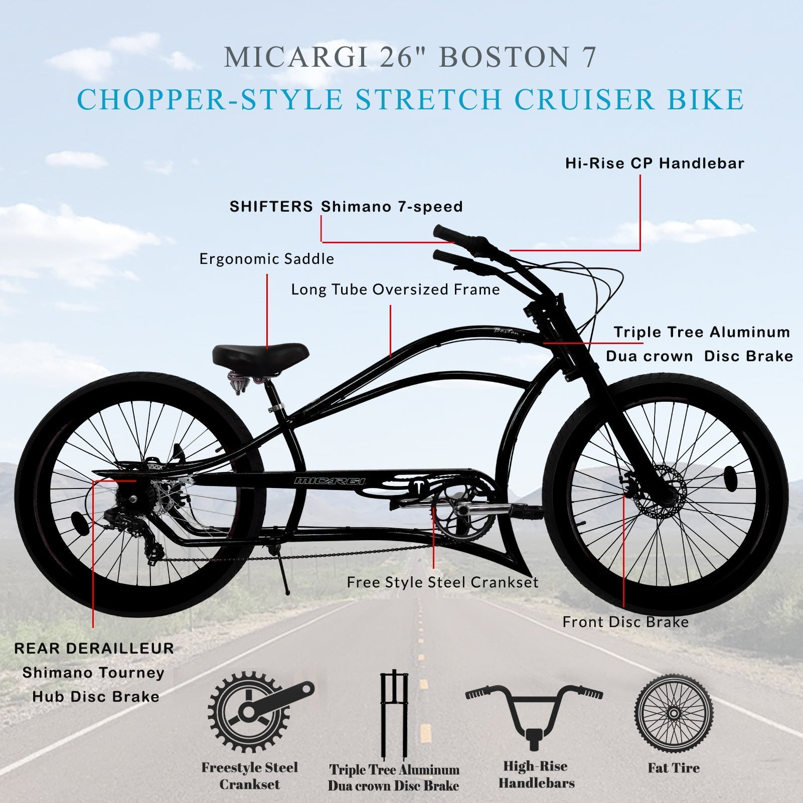 Tracer Bikes | Micargi Boston 7 Stretch Beach Cruiser Bike, 7-Speed, 26" Steel Frame |  Chico USA, Inc. 