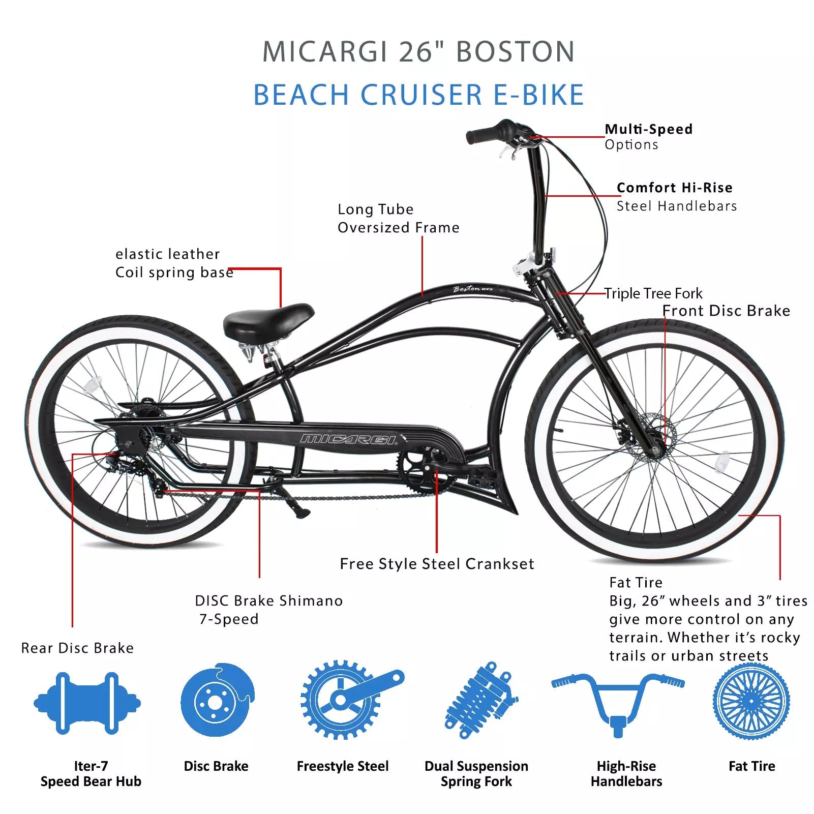 Tracer Bikes | Micargi Boston GT7 Stretch Cruiser Bicycle, 7-Speed, 26" Chopper Frame |  Chico USA, Inc. 