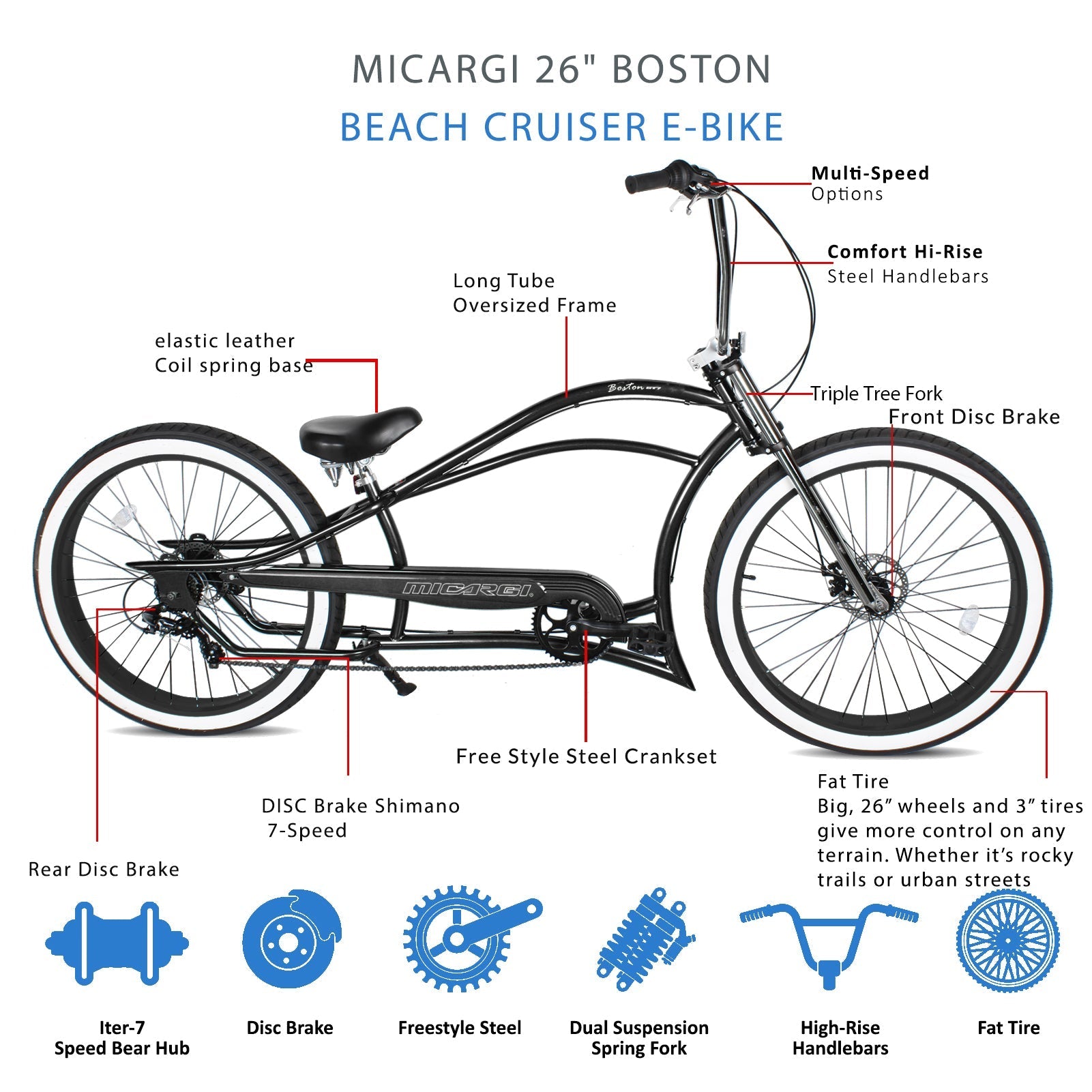 Tracer Bikes | Micargi Boston GT7 Stretch Cruiser Bicycle, 7-Speed, 26" Chopper Frame |  Chico USA, Inc. 