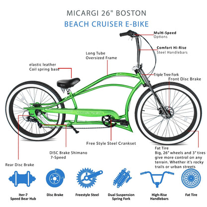 Tracer Bikes | Micargi Boston GT7 Stretch Cruiser Bicycle, 7-Speed, 26" Chopper Frame |  Chico USA, Inc. 